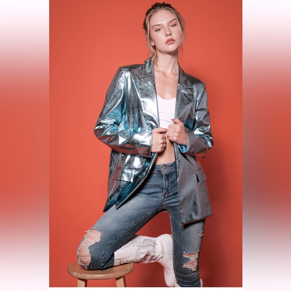 18 Metallic Faux Leather Chic  Open Blazer Jacket